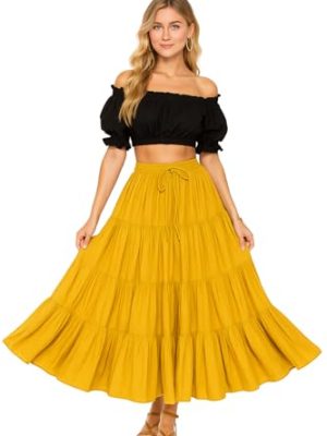 Women's 25 Yard Cotton Gypsy Belly Dance 4-Tiered A-Line Pleated Maxi Long Boho Dance Tribal Skirt