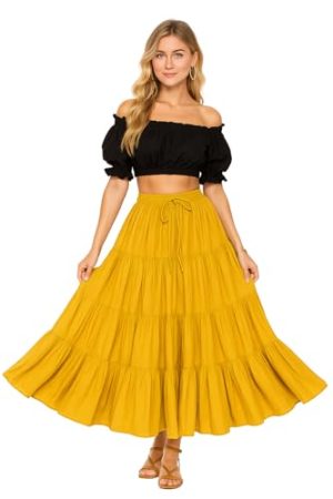 Women's 25 Yard Cotton Gypsy Belly Dance 4-Tiered A-Line Pleated Maxi Long Boho Dance Tribal Skirt