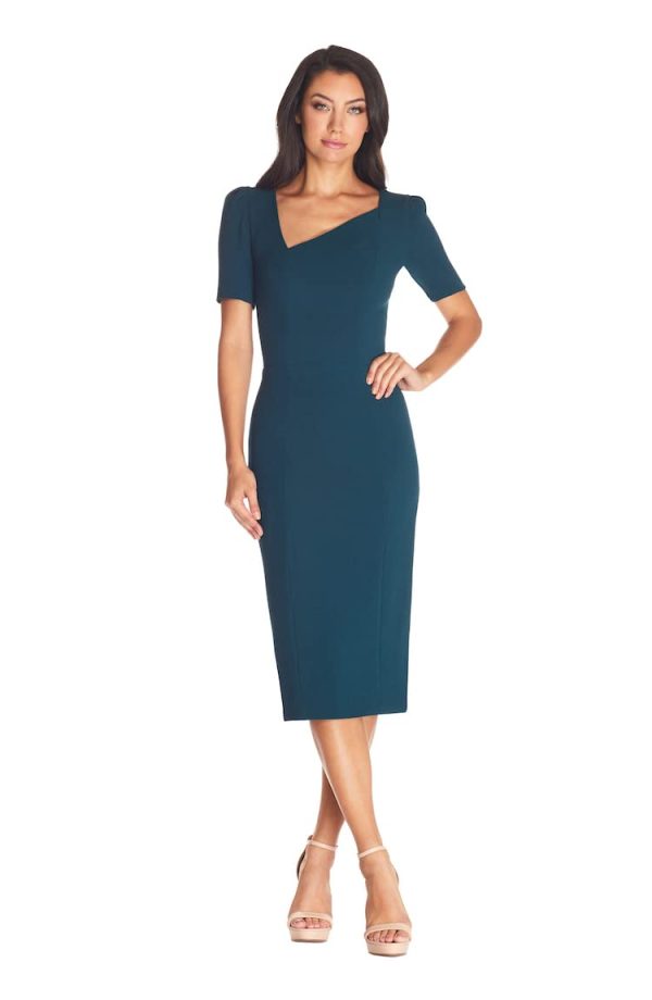 Women's Ruth Short Puff Sleeves Asymmetrical Neckline Bodycon Midi Dress