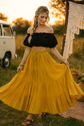 Women's 25 Yard Cotton Gypsy Belly Dance 4-Tiered A-Line Pleated Maxi Long Boho Dance Tribal Skirt