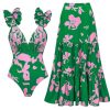 Blue and White V Neck Lace Up Strip Plant Prints One Piece Swimsuit and Skirt/Sarong