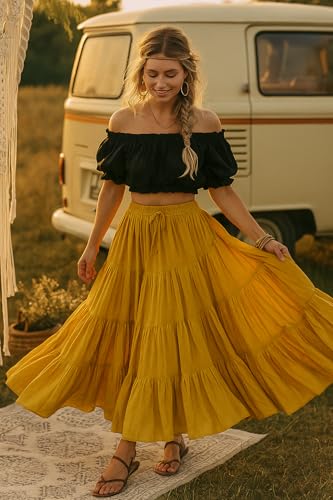 Women's 25 Yard Cotton Gypsy Belly Dance 4-Tiered A-Line Pleated Maxi Long Boho Dance Tribal Skirt