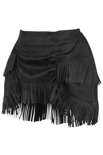 Women's Black Suede Fringe Mini Skirt Drawstring Bustle Western Cowgirl Fashion