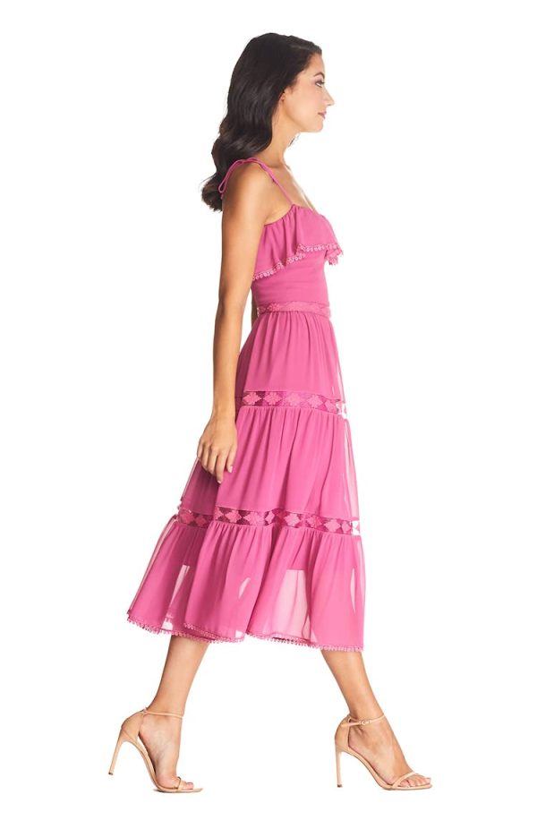 Women's Dream Sleeveless Ruffle Bodice Lace Insert Tiered Skirt Midi Dress