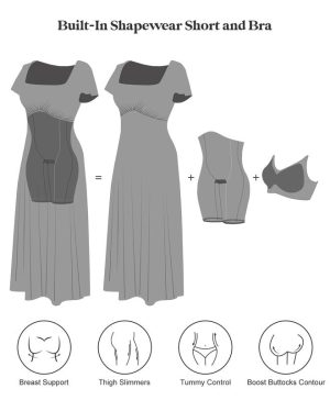 A Line Dresses for Women Shapewear Built-in Bra Short Sleeve Square Neck Flowy Wedding Guest Midi Dress