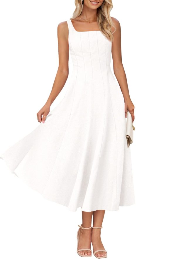 Women's 2025 Summer Sleeveless Midi Dress Square Neck Smocked Flowy A Line Beach Dresses