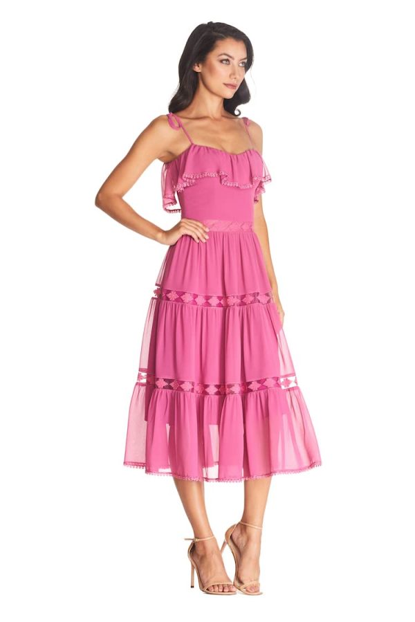Women's Dream Sleeveless Ruffle Bodice Lace Insert Tiered Skirt Midi Dress