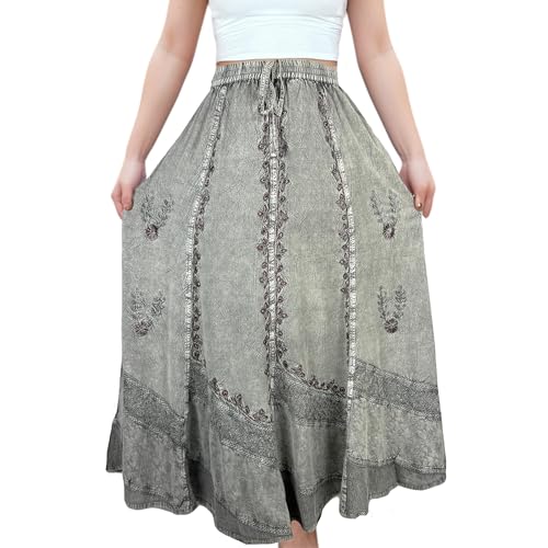 Women's 2025 Spring Elastic Waistband Flare Hem Boho Skirt - Long Renaissance Embroidered Maxi Skirt