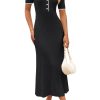 Women's V Neck Ribbed Knit Maxi Dress Button Short Sleeve Slim Fit Bodycon Sweater Dress