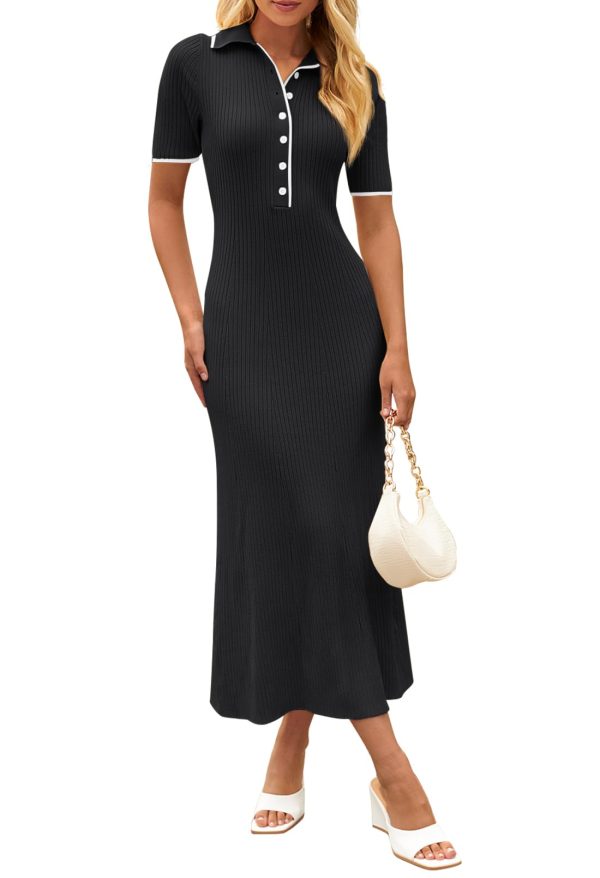 Women's V Neck Ribbed Knit Maxi Dress Button Short Sleeve Slim Fit Bodycon Sweater Dress