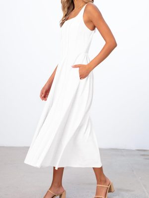 Women's 2025 Summer Sleeveless Midi Dress Square Neck Smocked Flowy A Line Beach Dresses