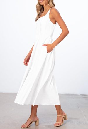 Women's 2025 Summer Sleeveless Midi Dress Square Neck Smocked Flowy A Line Beach Dresses