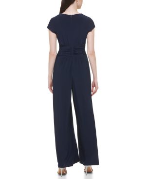 Womens Short Sleeve V-neck Twist Front Summer Jumpsuit