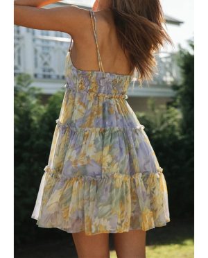 Womens 2025 Summer Floral Mini Dress Boho Flowy Skater Dresses Short Sleeveless Ruffle Spaghetti Strap Dress