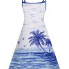 Couple Matching Hawaiian Outfits Coconut Tree Seagull Print Cami Dress or Men's Short Sleeve Button Up Shirt