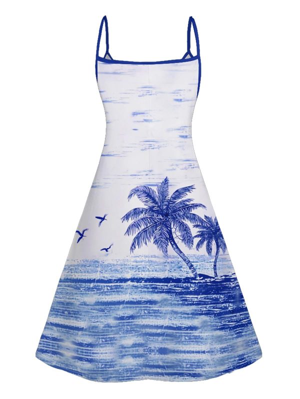 Couple Matching Hawaiian Outfits Coconut Tree Seagull Print Cami Dress or Men's Short Sleeve Button Up Shirt