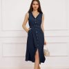 Women Casual Summer Dress 2025 Business Work Belted Sleeveless Button Down Shirt Midi Dresses with Pockets