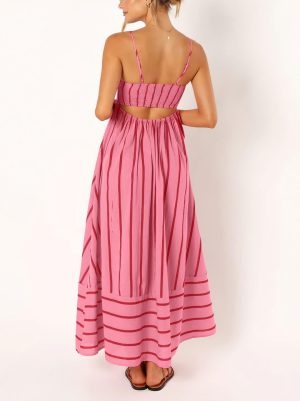 Women's Striped Back Smocked Maxi Dress Sexy Spaghetti Strap Cut Out Flowy Swing Long Dress