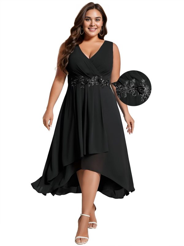 Women's Summer Chiffon Sleeveless V Neck Applique Plus Size High Low Formal Wedding Guest Dresses 41926-DA