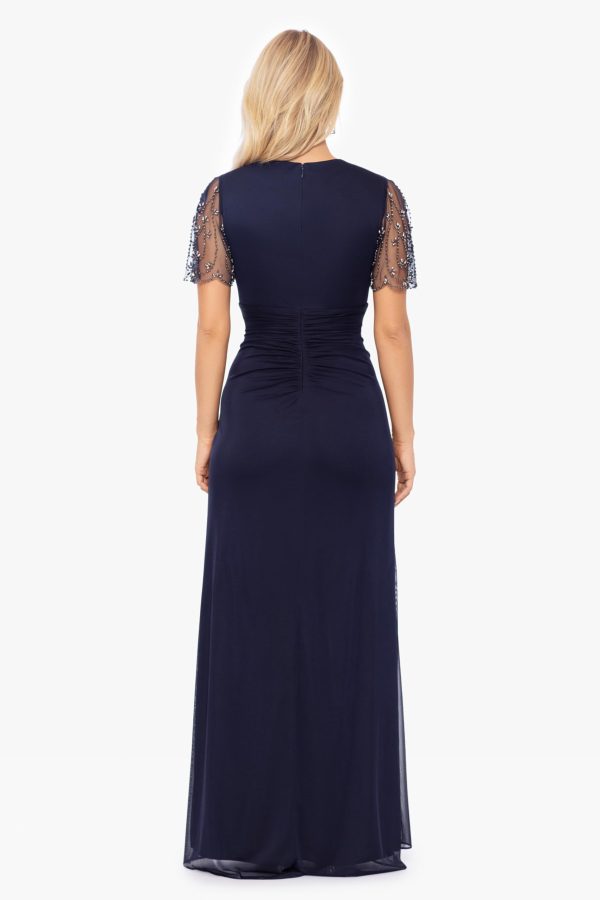 Women's Sheer Matte Jersey Maxi Dress with Beaded Sleeves and Side Ruching