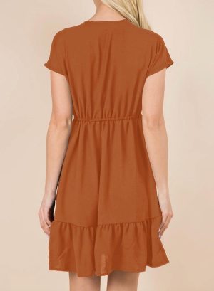 Womens Summer Dresses 2025 Short Sleeve V Neck Empire Waist Drawstring Casual Ruffle A-Line Swing Mini Babydoll Dress