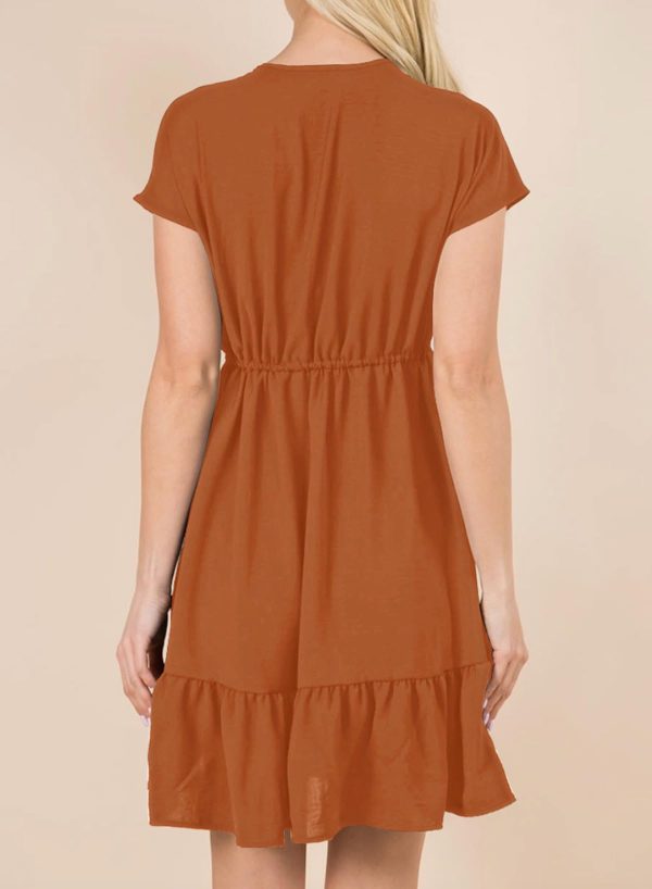 Womens Summer Dresses 2025 Short Sleeve V Neck Empire Waist Drawstring Casual Ruffle A-Line Swing Mini Babydoll Dress