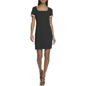 Women's Short Sleeve Square Neck Bow Embellished Shift Mini Dress