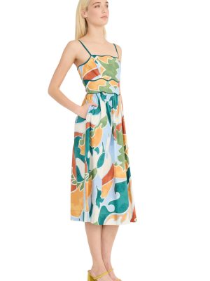 Women's Square Neck Spaghetti Strap Cotton Poplin Midi Floral Print Summer Wedding Guest a Line Dress