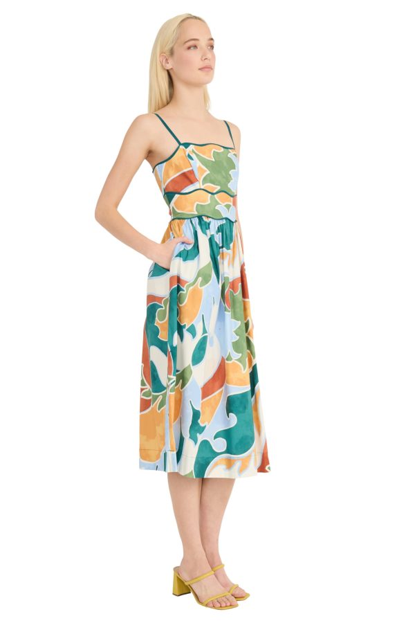 Women's Square Neck Spaghetti Strap Cotton Poplin Midi Floral Print Summer Wedding Guest a Line Dress