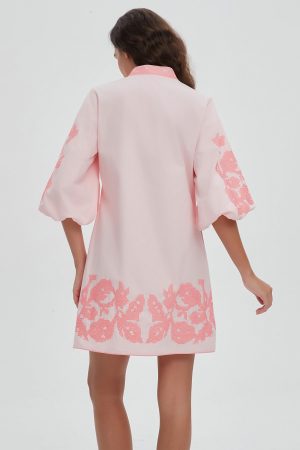 Women Mini Dress Summer 3/4 Puff Sleeves Embroidery Floral Tunic Mini Dress V Neck Loose Zip Party Dresses