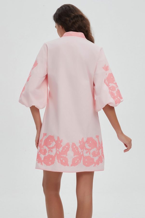 Women Mini Dress Summer 3/4 Puff Sleeves Embroidery Floral Tunic Mini Dress V Neck Loose Zip Party Dresses