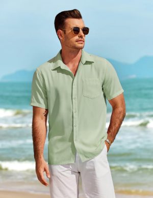 Mens Casual Short Sleeve Shirts Button Down Textured Shirts Summer Beach Shirt with Pocket