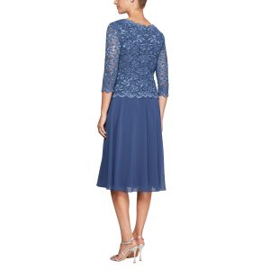 Women's Tea Length Embroidered Bodice Mother of The Bride Gown, Wedding Guest Dress (Petite and Regular Sizes)