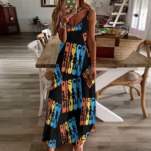 Vintage 1970's Disco Maxi Dress for Women Summer Casual Sleeveless V Neck Spaghetti Dresses