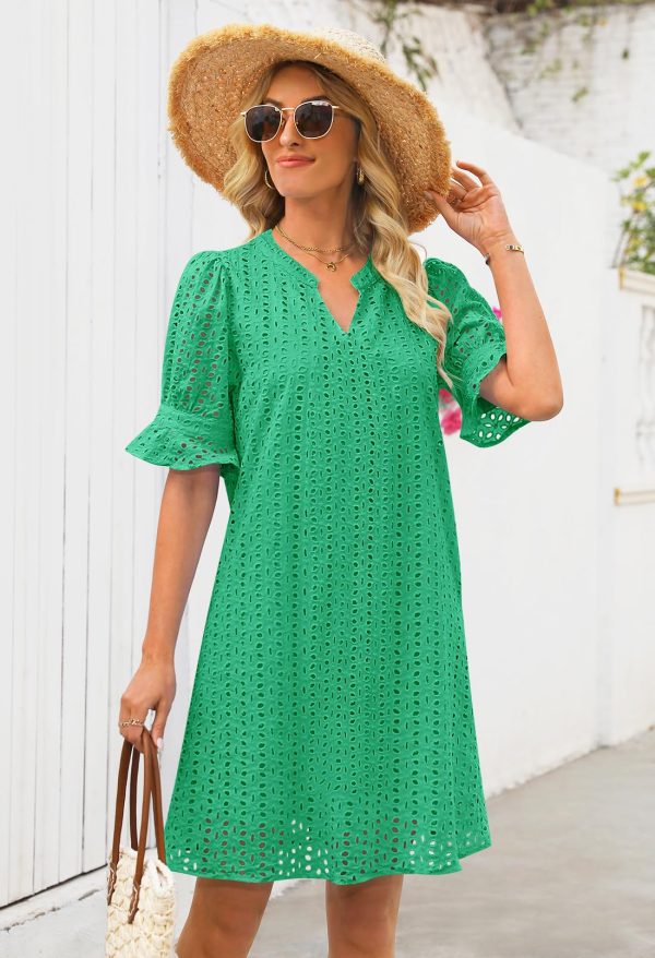 Women's 2025 Summer Short Sleeve Mini Dress V Neck Ruffle Hollow Out Eyelet Lace Dresses