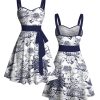 Matchable Couples' Hawaiian Outfit Porcelain Style Floral Print Men's Shirt Or Women's Belted Mini Dress