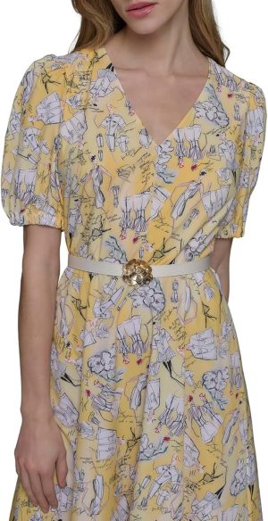 Women's V Neck Puff Sleeve Midi Dress