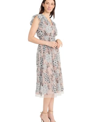 Women's Flutter Sleeve V-Neck Empire Waist Midi Length A-line Cocktail Dress
