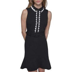 Women's Belted Sleeveless Scallop Trim Collared A-line Mini Dress