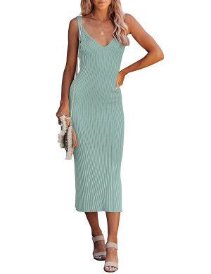 Womens 2025 Summer V Neck Knit Midi Dress Bodycon Casual Sleeveless Ribbed Party Sweater Dresses