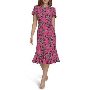 Women's Short Sleeve Pleated Hem Rope Belt Midi Dress