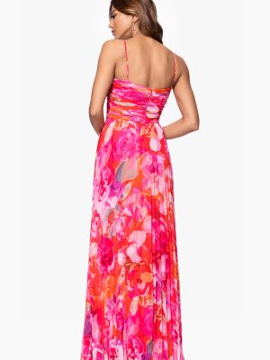 Women's Sleeveless Long Halter V Neck Printed Pleated Spaghetti Strap Dress
