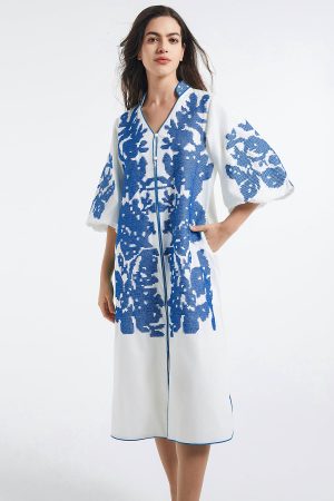Women Casual V-Neck Mid Dress Floral Embroidery 3/4 Sleeves Spring Summer Tunic Dress Loose Zip Party Dress with Pocket
