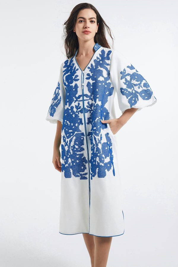 Women Casual V-Neck Mid Dress Floral Embroidery 3/4 Sleeves Spring Summer Tunic Dress Loose Zip Party Dress with Pocket