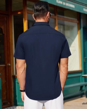 Mens Short Sleeve Button Down Shirt Stretch Business Casual Dress Shirts Solid Summer Wedding Prom Tops