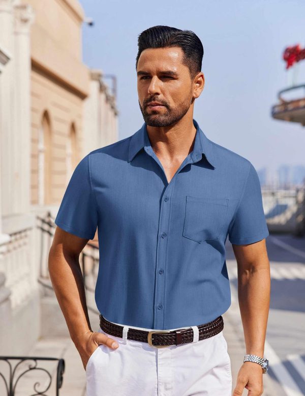Men's Short Sleeve Button Down Shirt Casual Untucked Dress Shirt Stretch Denim Shirt