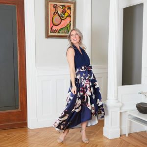 Women's Floral High-Low Gown with Pockets and Stretch Bodice, Wedding Guest Dress (Petite and Regular Sizes)