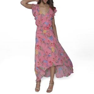 Women's Ruffle Sleeved Midi Printed High Low Dress