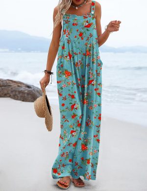 Women's Summer Casual Overalls Loose Wide Leg Jumpsuits Boho Floral Printed Baggy Rompers with Pockets PZH