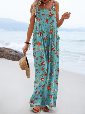 Women's Summer Casual Overalls Loose Wide Leg Jumpsuits Boho Floral Printed Baggy Rompers with Pockets PZH
